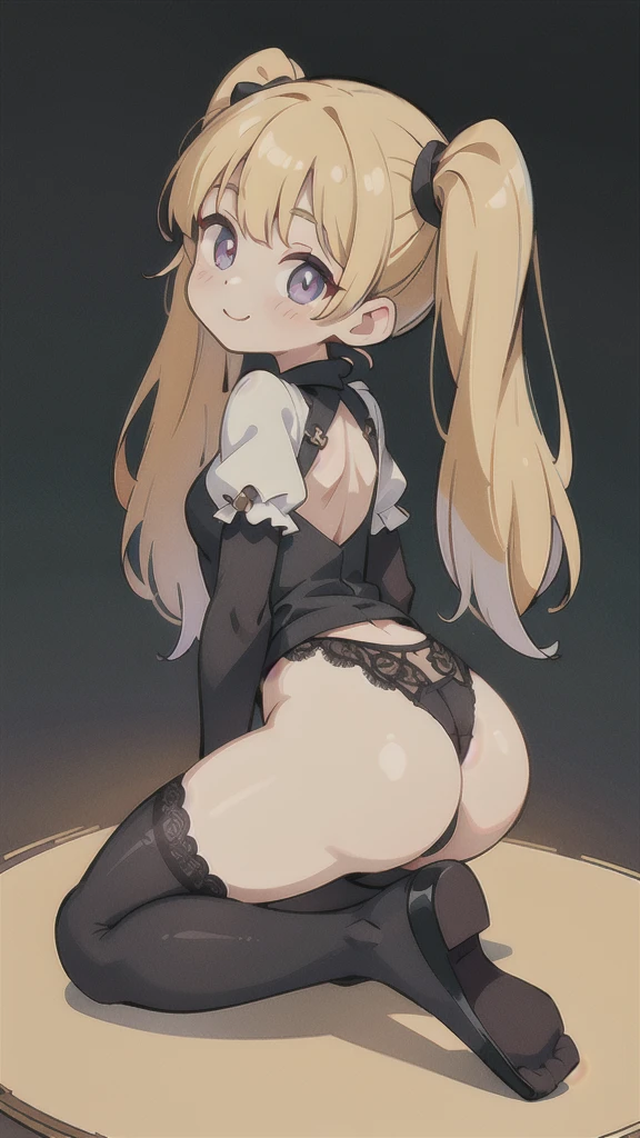 A girl, ta style, maid, butt, back to me, back to the camera, fat butt, white butt, beautiful butt, fat butt, beautiful butt, ass, kneeling position, hands on the ground, sticking out her butt, Buttocks, camel toe, pubic mound, mons pubis, blonde hair, long hair, twin tails, long twin tails, bangs, heterochromatic eyes, one pupil is purple, one pupil is gold, black stockings, stockings, flesh Legs, black lace panties, panties, briefs, lace, lace briefs, translucent briefs, blush, tenderness, smile, high quality, don't show excessive composition problems, masterwork, skin Fair, smooth skin, clear pupils, high-definition picture quality, perfect composition , fine characterization, extreme details, coordination of light and shadow, precise body proportions, (correct proportions of facial features), (exquisitely sculpted face), epic works, 8K, (Masterpiece), (High Quality), (Super Detailed), ((Illustration))