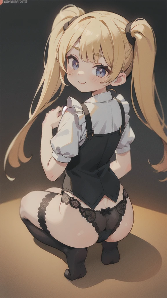 A girl, ta style, maid, butt, back to me, back to the camera, fat butt, white butt, beautiful butt, fat butt, beautiful butt, ass, kneeling position, hands on the ground, sticking out her butt, Buttocks, camel toe, pubic mound, mons pubis, blonde hair, long hair, twin tails, long twin tails, bangs, heterochromatic eyes, one pupil is purple, one pupil is gold, black stockings, stockings, flesh Legs, black lace panties, panties, briefs, lace, lace briefs, translucent briefs, blush, tenderness, smile, high quality, don't show excessive composition problems, masterwork, skin Fair, smooth skin, clear pupils, high-definition picture quality, perfect composition , fine characterization, extreme details, coordination of light and shadow, precise body proportions, (correct proportions of facial features), (exquisitely sculpted face), epic works, 8K, (Masterpiece), (High Quality), (Super Detailed), ((Illustration))