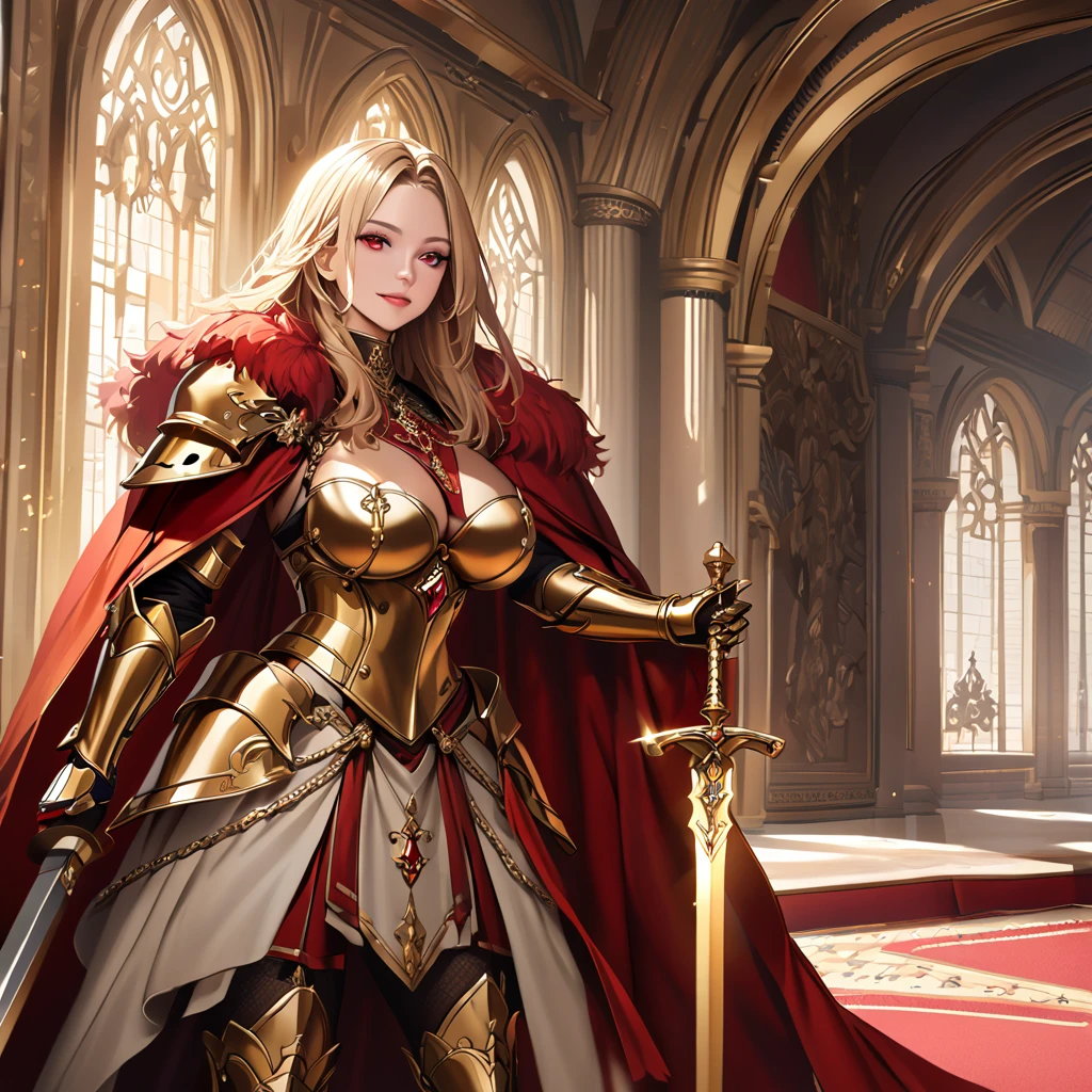 A woman wearing heavy golden armor with red ruby ​​on parts of the armor, very detailed armor, large armor, wearing a red fur cape, long cape, holding a golden sword, very detailed sword, golden shoulder pad with rubies, golden aura, power golden, power of light, golden boots, big breasts, standing in a royal king and queen, luxury room, red carpet, medieval aesthetics, medieval tiles on the walls, blonde hair, long hair, red eyes, smiling, close view, realistic
