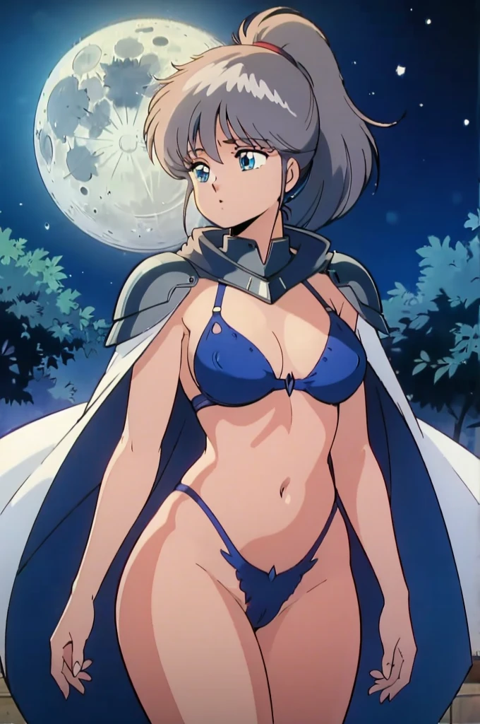 Madoka Ayukawa, (((Bikini Armor))), Tabletop, (Highest quality: 1.2), (Super quality: 1.2), figure, (Very delicate and beautiful: 1.2), Film Angle, floating, (Beautiful detailing: 1.1), (Detail Light: 1.1), Film Light, Delicate Sky, woman, Gray Hair, blue eyes, (High Ponytail: 1.1), Cape, Glowing Eyes, (moon: 1.2), (moonlight: 1.1), Starry Sky, (Light Particles: 1.1), fog , Snow Painting, sketch, flowering