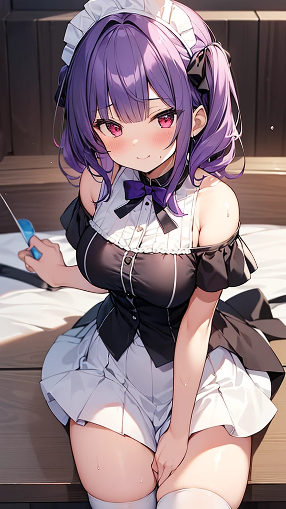 最high quality, high quality, Super detailed, 32k, Ultra-detailed details, 2 girls, With maid(only, The cute face of my little sister that I stole from her, beautiful purple hair, Beautiful purple eyes, Big Breasts, A light smile, Red eyes, Off-the-shoulder sleeveless Summer clothes, Summer casual maid clothes, Short skirt, Blue and white color striped underwear, Black knee socks, My crotch is wet with love juice, 18-year-old,cute),  Sister with her face peeled off(only, 13 years old, A grotesque face with the skin peeled off, Facial muscles are fully exposed, Chest is medium, , Lady), {{The maid had a terrible burn on her face and was lamenting it when her master&#39;s sister used her power to rip the face off and stick it onto the maid&#39;s face, taking on the sister&#39;s face.、The maid is happy and the sister is dead}}, The maid is a mature cute face and the sister has no face. The maid is standing., My sister sits in a chair, NSFW