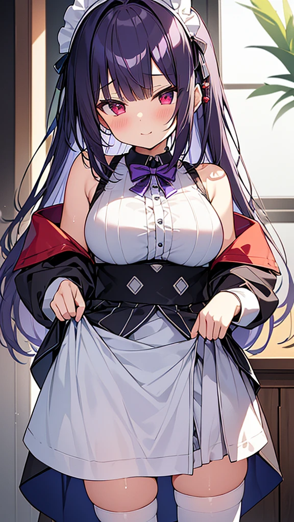 最high quality, high quality, Super detailed, 32k, Ultra-detailed details, (only, pretty girl, beautiful purple hair, Beautiful purple eyes, Big Breasts, A light smile, Red eyes, Off-the-shoulder sleeveless Summer clothes, Summer casual maid clothes, Short skirt, Blue and white color striped underwear, Black knee socks, My crotch is wet with love juice, 18-year-old,cute), {{A succubus strips off the face and clothes of a murdered maid and engages in intense vaginal sex with her master, bouncing her breasts.}}, She has transformed from a shy maid into a lewd one., A maid with her sister&#39;s face stuck on her face is vigorously pistoning her body, A maid who moves her body vigorously without caring if her breasts bounce, ((She straddles a sleeping man and has intense vaginal sex:1.5)), Cowgirl Sex,  Super detailed, Detailed sister photosが見える, NSFW