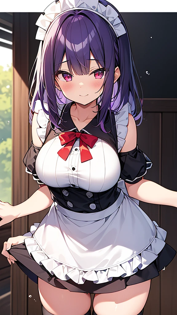 最high quality, high quality, Super detailed, 32k, Ultra-detailed details, Sister and maid, (立ってる, pretty girl, beautiful purple hair, ショートヘア, Beautiful RED eyes, Big Breasts, A light smile, Red eyes, Off-the-shoulder sleeveless Summer clothes, Summer casual maid clothes, Short skirt, Blue and white color striped underwear, Black knee socks, ローファー, My crotch is wet with love juice, 18-year-old,cute), {{The succubus peels the skin off her sister&#39;s face, sticks it on her face, and seduces her by dressing her as a maid.}}, She has transformed from a shy maid into a lewd one., A maid with her sister&#39;s face stuck on her face is vigorously pistoning her body, A maid who moves her body vigorously without caring if her breasts bounce, Super detailed, Full body image, ((頭からつま先まで:1.3)), NSFW