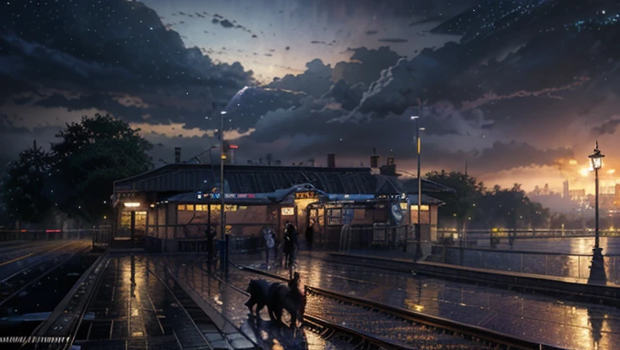 masterpiece, concept art,  train station in the rain at night, a detailed matte painting, by Makoto Shinkai, featured on pixiv, photorealism, night starry sky full of cats, watching the sun set. anime, wlop hdr, from arknights, wide-screen, white snow, ( ( thomas kinkade ) ), artstatiom, 'the end, very long