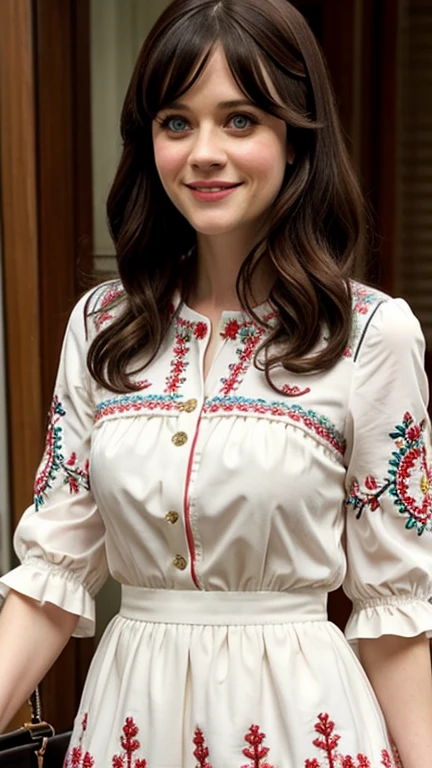 Zooey Deschanel dressed in sexy embroidered clothes and smiling