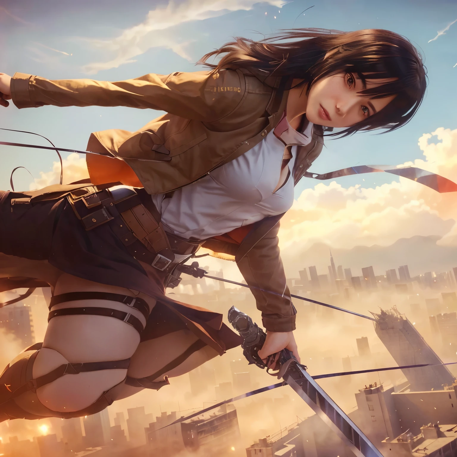 anime girl with sword flying over city with buildings in background, extremely detailed artgerm, amazing wallpaper, mikasa ackerman, from attack on titan, anime style 4 k, 4 k manga wallpaper, in attack on titan, anime wallpaper 4 k, anime wallpaper 4k, artgerm and atey ghailan, 4k anime wallpaper