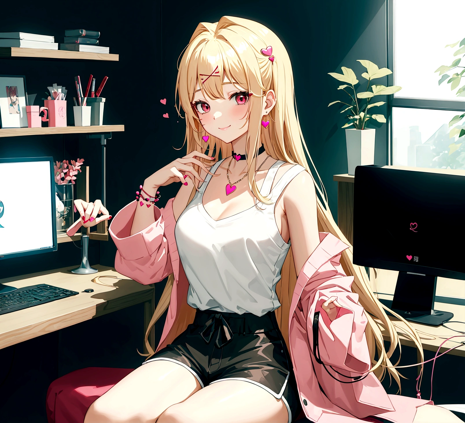 ((최고의 품질)), ((걸작)), (상세한), 여자 1명, Create an anime-style digital artwork of a character with long, straight, sleek blonde hair and bright red eyes. The character is wearing a white cardigan over a black tank top and dolphin shorts. She is accessorized with a pink heart pendant choker and long, decorative earrings. Her hair features a red heart hairpin on the side. The character is sitting in her room in front of a desktop computer, smiling warmly. The background should show a cozy room with soft lighting, with elements like a computer desk, monitor, and some personal items scattered around. The overall mood should be relaxed and inviting, capturing the essence of a casual day indoors.