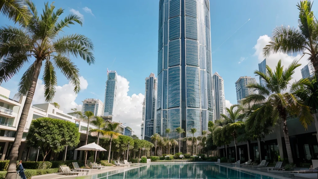 Big very large building in Double L shape intertwined.
Modern architecture, modern 4 storeys building, glass façade , park around, very clean, green garden, palm trees, 3 storeys. Vegetal roof, bioclimatic, one tower building inbthe center