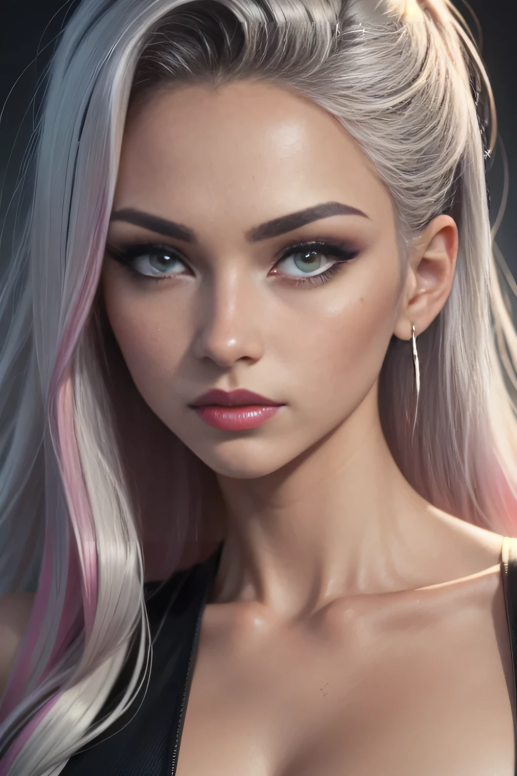 best quality, masterpiece, realistic photo, intricate details, raw photo, ultra detailed, HD quality, 8K, young woman, 20 years old, most beautiful japanese an latina women, super model looks, long slicked back silver hair, dark tanned skin, black eye liner, glowing lime green eyes, trimmed eyebrows, mole under lower lip on the left side, black eye shadow, pinkish lip stick, realistic anime, toei animation artstyle, slicked back hair