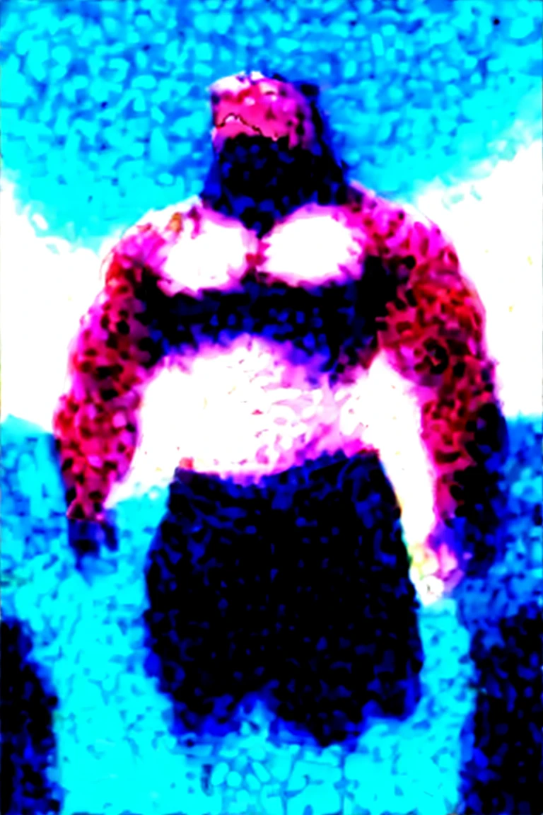 furry , bara ,male shark,Light purple skin,Dark yellow eyes,Body wounds.,No shirt..,muscular,Wear black swimming trunks,The crotch of the pants clearly bulges out..,Walking up from the sea