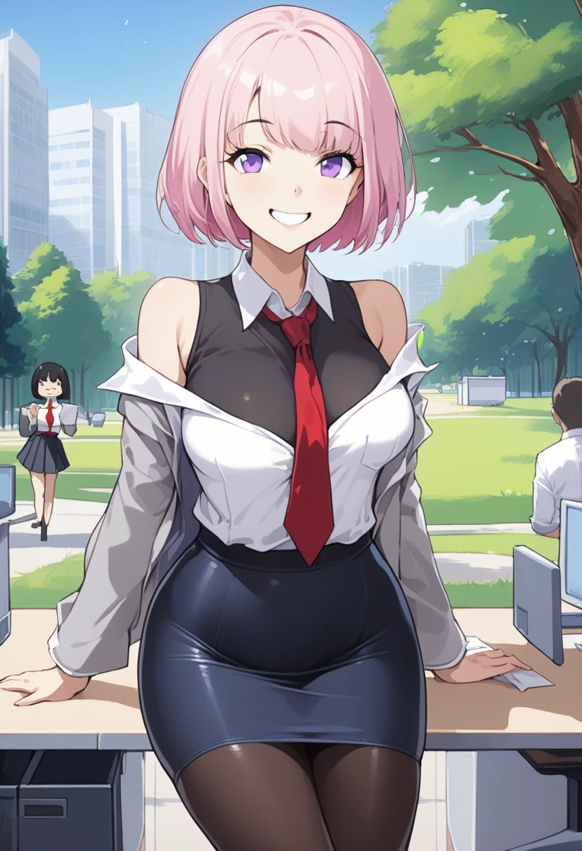 1 woman, Short hair, pink hair, purple eyes, hair above one eye, black shirt, white collar, red tie, Two-tone jacket, white jacket, gray sleeves, long sleeves, skirt, pantyhose, outdoors, seat, park, off shoulder, bare shoulders, popsicle score_9, score_8_consolation, score_7_consolation, score_6_consolation, score_5_consolation, score_4_consolation, BREAK Source_japanese cartoon movies, ((masterpiece,꽉끼는 skirt)), A beautiful smile, office job,((tight skirt)),