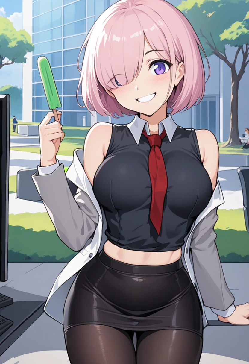 1 woman, Short hair, pink hair, purple eyes, hair above one eye, black shirt, white collar, red tie, Two-tone jacket, white jacket, gray sleeves, long sleeves, skirt, pantyhose, outdoors, seat, park, off shoulder, bare shoulders, popsicle score_9, score_8_consolation, score_7_consolation, score_6_consolation, score_5_consolation, score_4_consolation, BREAK Source_japanese cartoon movies, ((masterpiece,꽉끼는 skirt)), A beautiful smile, office job,((tight skirt)),