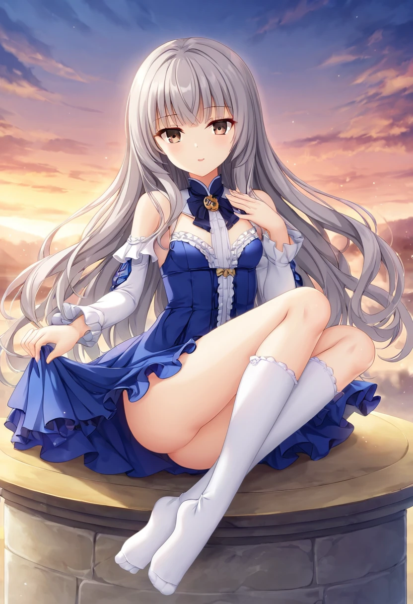 Melusine, Melusine, (Brown eyes:1.5), Long Hair, Gray Hair, Side Lock, (Small breasts:1.2),
break blue dress, dress, Frills, Long sleeve, Knee socks, Thighs, white Knee socks,
break looking at viewer,
break outdoors,
break (masterpiece:1.2), Highest quality, High resolution, unity 8k wallpaper, (figure:0.8), (Beautiful attention to detail:1.6), Highly detailed face, Perfect lighting, Highly detailed CG, (Perfect hands, Perfect Anatomy),