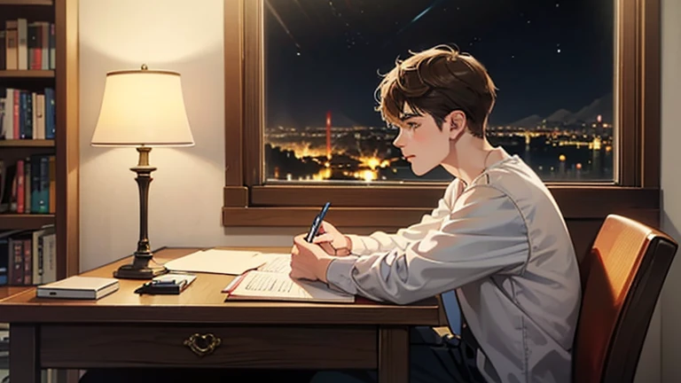 little boy, 20 year, short-hair, brown, greeneyes, estilo rebelde, like James Dean, Wearing Headphones, writing in notebook on your study table, next to a large window, with a view of the illuminated city `the night. na sala, lighting from a table lamp, with 2 books, an open laptop and a cup of coffee.