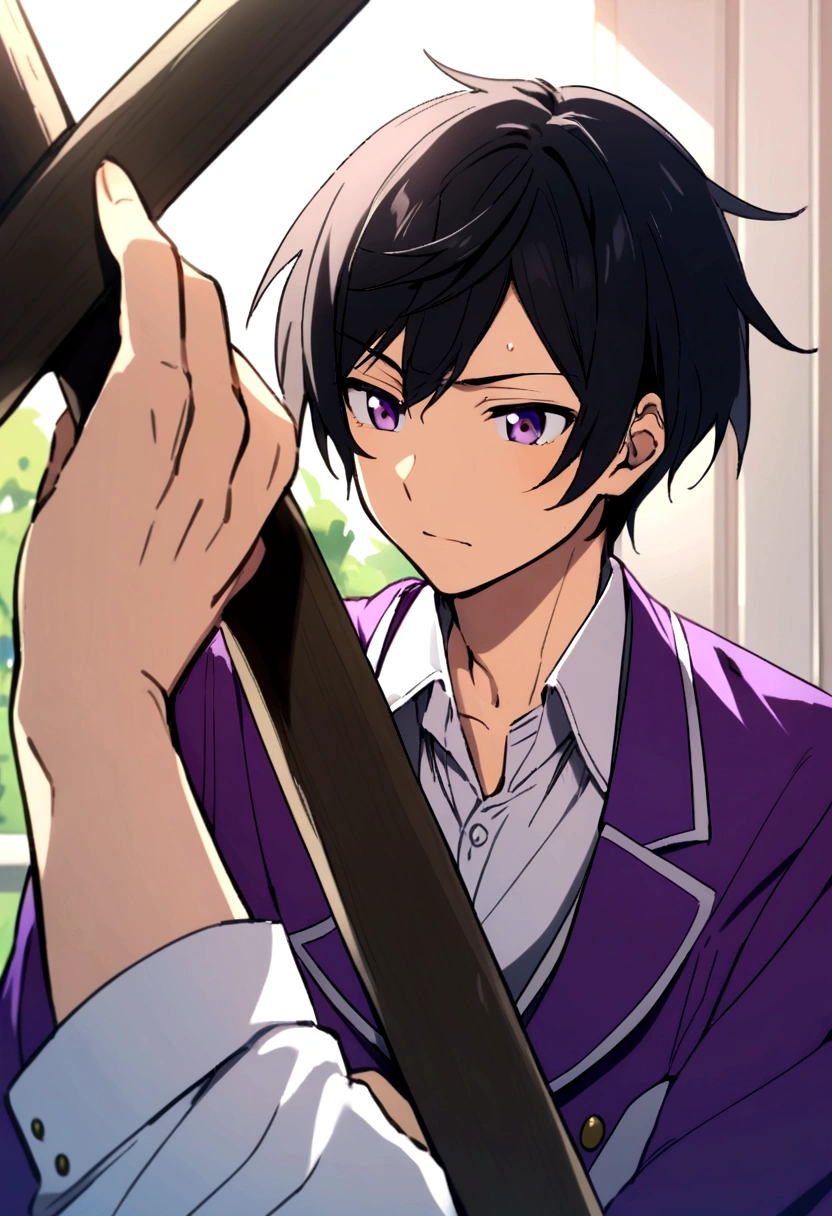 Anime boy with black hair and purple eyes in a Ouran highschool uniform 