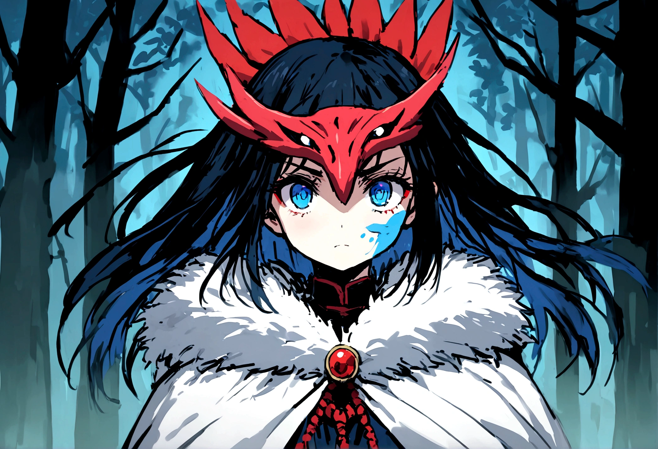 "Please draw San from Princess Mononoke. San is a girl who was raised by wolves.、Has the appearance of a warrior. She wears a white fur cloak and a red mask., Long black hair. Her face is covered in blue war paint., And her eyes reflect her determination. The background is a lush forest, Emphasizing San&#39;s presence in nature. The whole scene had to convey San&#39;s wild and powerful aura.."