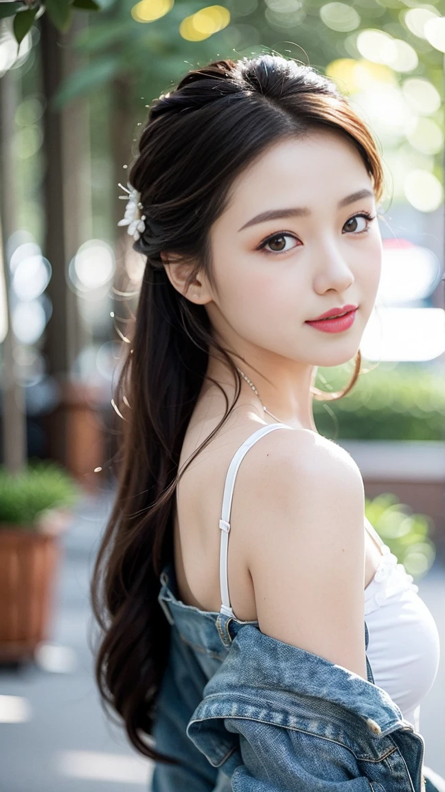 (masterpiece, Outstanding Work,4K resolution, Surreal:1.3),(A girl in the forest),Slim Alone,Fashion trend beautiful charming woman, Gentle and lovely Chinese beauty, Exquisite and sexy clavicle, Charming goose egg face, Double eyelids, Bright peach blossom eyes, Pink lips, Small upturned nose,Oval face,Phoenix Eyes,Eyebrow, Double eyelids, Long eyelashes and bare shoulders,The legs are slender and slender,Coordinated body proportions, Focus plane, Close-up of face, Ultra HD, Super Detail, full-body shot, Ultra-thin translucent, Pair this with a light blue denim skirt and a beige T-shirt, Gentle light skin, fair and beautiful, Outstanding temperament, stocking, transparent