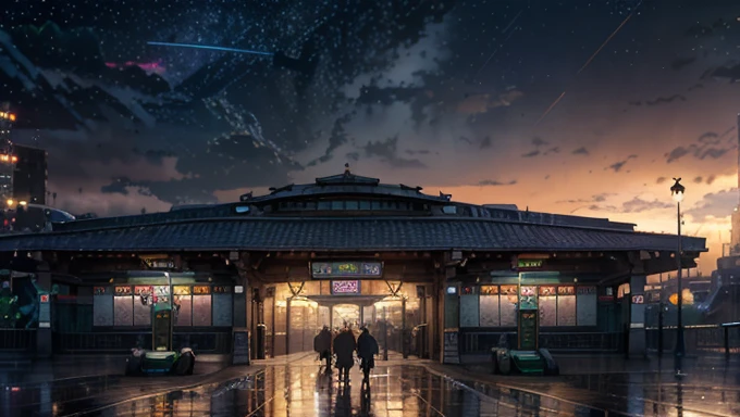 masterpiece, concept art,  train station in the rain at night, a detailed matte painting, by Makoto Shinkai, featured on pixiv, photorealism, night starry sky full of cats, watching the sun set. anime, wlop hdr, from arknights, wide-screen, white snow, ( ( thomas kinkade ) ), artstatiom, 'the end, very long