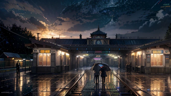 masterpiece, concept art,  train station in the rain at night, a detailed matte painting, by Makoto Shinkai, featured on pixiv, photorealism, night starry sky full of cats, watching the sun set. anime, wlop hdr, from arknights, wide-screen, white snow, ( ( thomas kinkade ) ), artstatiom, 'the end, very long