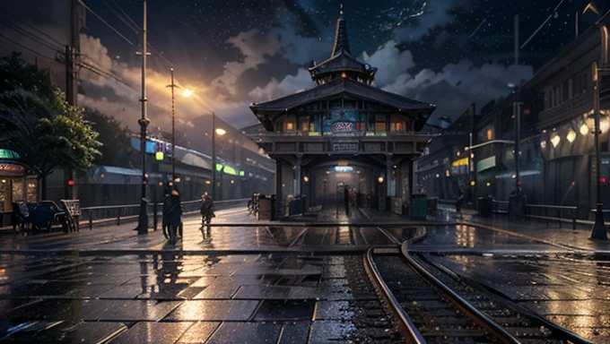 masterpiece, concept art, train station in the rain at night, a detailed matte painting, by Makoto Shinkai, featured on pixiv, photorealism, night starry sky full of cats, watching the sun set. anime, wlop hdr, from arknights, wide-screen, white snow, ( ( thomas kinkade ) ), artstatiom, 'the end, very long