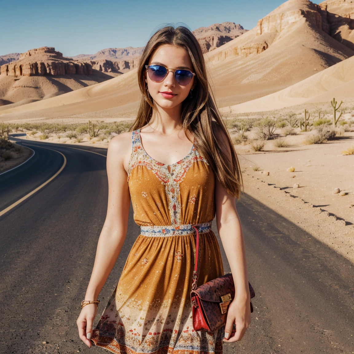 a girl, 28 years old, ((best quality)), ((detailed)),(masterpiece), (American), ((blue eyes)) long hair, freckles, red lips, slightly smiling, standing, sunglasses on her face, wearing a colorful red short dress, small handbag in one hand, ((desert carpet road background in side)), capture to thighs