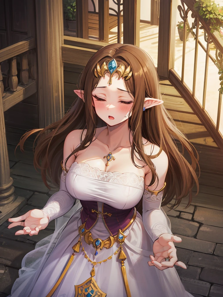 ((((Very beautiful mature woman)))),((surprised),((Scared)),((Close one eye)),((((Exposed shoulders)))),(((look up))),,((()),,(((Long Hair)))),((Big Breasts)),((((Exposed shoulders)))),((Front Face)),Princess Zelda, ((Highest quality)),,(Very detailed) ,,((Wedding dress)),Brown Hair,((Embarrassed look)),Blushing, ((Highest quality)), (Very detailed), ,(((Dark brown hair))),Nintendo, (Straight hair), face,Blushing,((alone)), ((Highest quality)), (Very detailed),((Beautiful straight hair)) ,