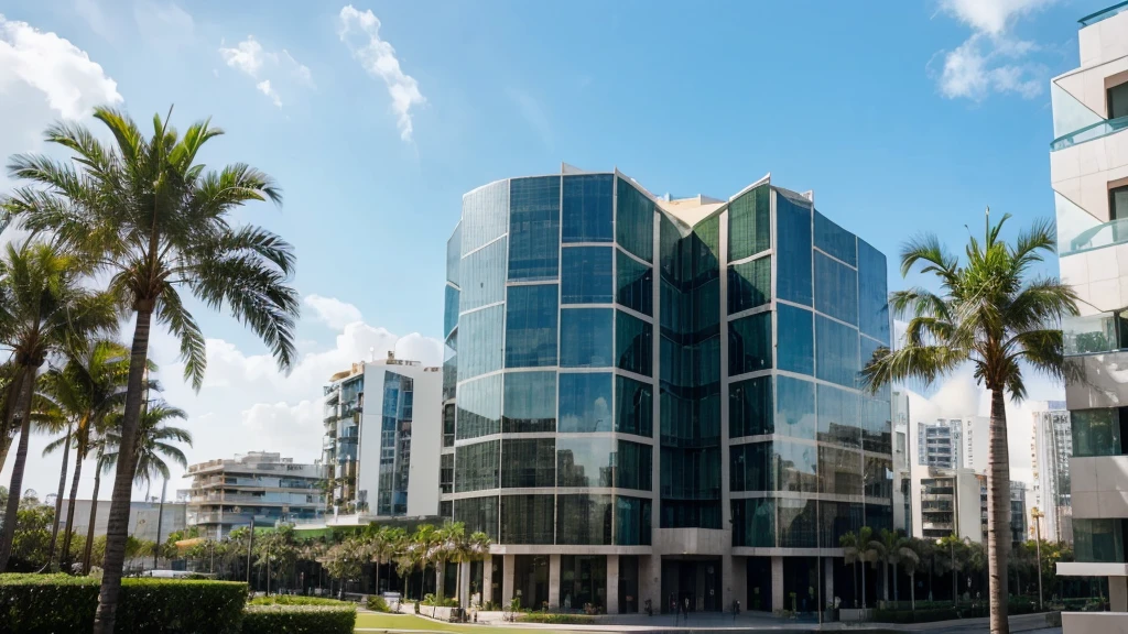 Big very large building in Double L shape intertwined.
Modern architecture, modern 4 storeys building, glass façade , park around, very clean, green garden, palm trees, 3 storeys. Vegetal roof, bioclimatic, one small tower building inbthe center