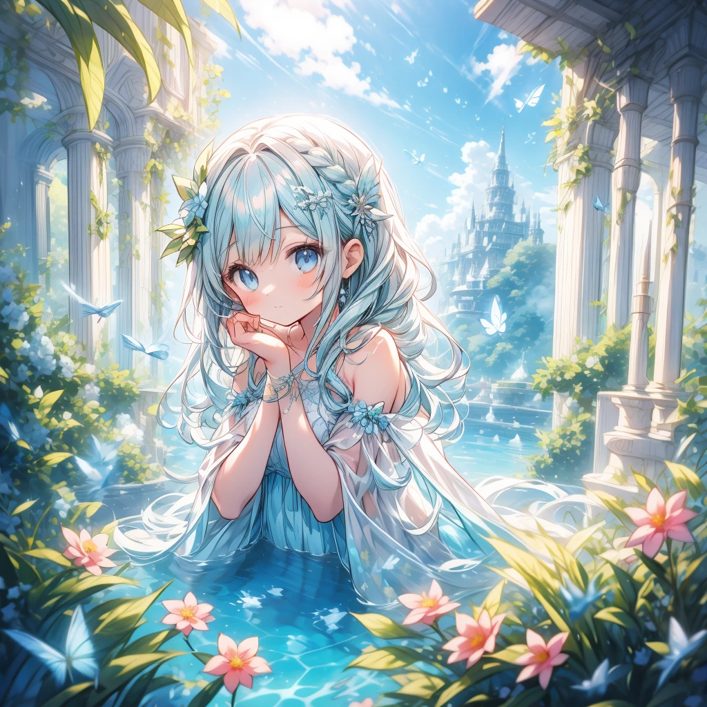 (Exquisite, beautiful, Very detailed, masterpiece, High resolution,high quality,High resolution),(Well-formed face,Soft and thin lines: 1.2, beautiful, Delicate and vivid illustrations with a mature and clear feel) , A beautiful fairy princess with fairy wings is playing happily by the water, Soaking wet, Clearly, beautiful tropical setting.,(beautiful), (Happy and joyful smile), She is wearing a pearl tiara, Earrings, choker, Pastel-colored swimsuits decorated with ribbons and frills., (Fair skin, A princess with pale pink cheeks and short eyebrows, A small toothless mouth and plump pink lips, beautiful eyes, And quite large, Fluffy bust.),Vibrant and eye-catching colors,Fantastic and dreamy,