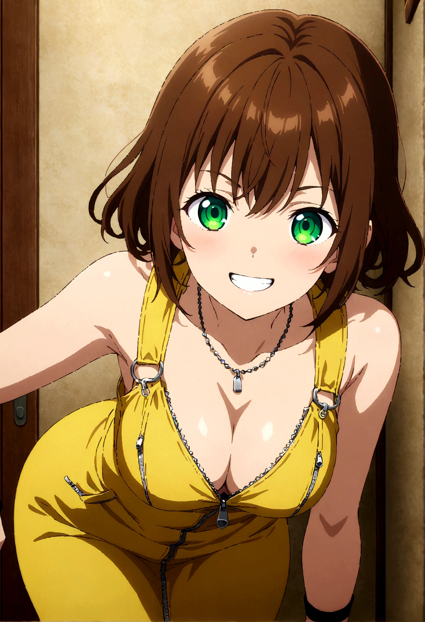 score_9, score_8_up, score_7_up,,BREAK source_anime, from above,front view,standing,,medium shot,looking_at_viewer,1girl, solo, short hair, brown hair, green eyes, necklace, yellow dress, zipper, wristband, , smile, teeth, bent over, ((unzipping:1)),(cleavage)  indoors, bedroom, (best quality),(aesthetic,very aesthetic),masterpiece, highres, (anime screenshot:0.5),,