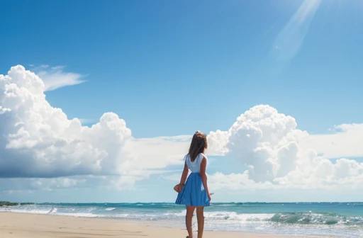 A girl standing on the beach、Back view、Strong midsummer sunlight and blue sky、White cumulonimbus clouds towering from the bottom up、countryside、