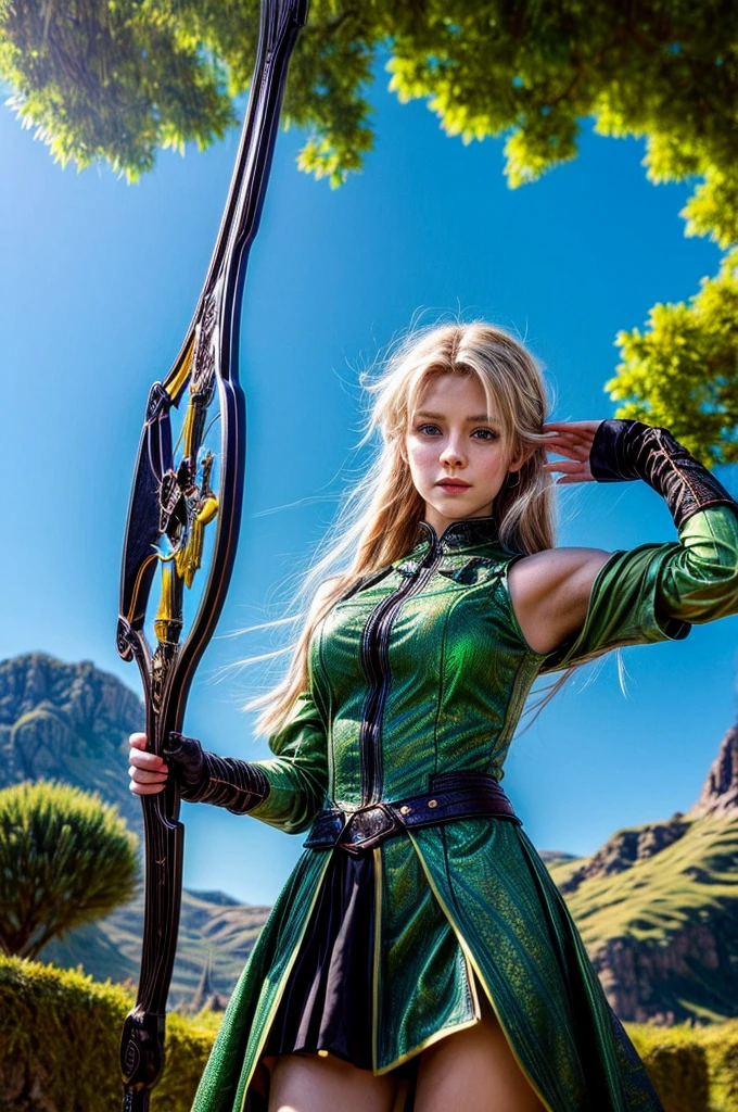 In the center of a vibrant fantasy landscape, a young woman with blond hair and bright blue eyes stands in an archery stance. She is dressed in a green dress that contrasts beautifully with her black gloves. Her bow is thrown back, ready to release the arrow into the air. The background is filled with lush trees and high mountains under clear skies, adding depth to the scene. Above her head is the majestic bird eagle.