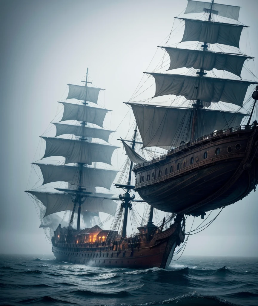 Ghost ship Mary Celeste, floating adrift in the middle of the ocean, surrounded by thick fog and calm waters, in a mysterious and scary environment.