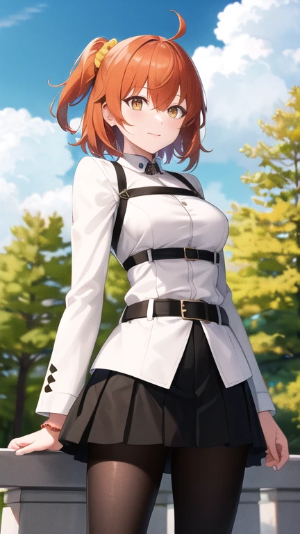 masterpiece, best quality, highres, aaritsuka, short hair, ahoge, hair scrunchie, orange scrunchie, medium breasts, white jacket, harness, long sleeves, belt, black skirt, miniskirt, black pantyhose, standing, cowboy shot, outdoors