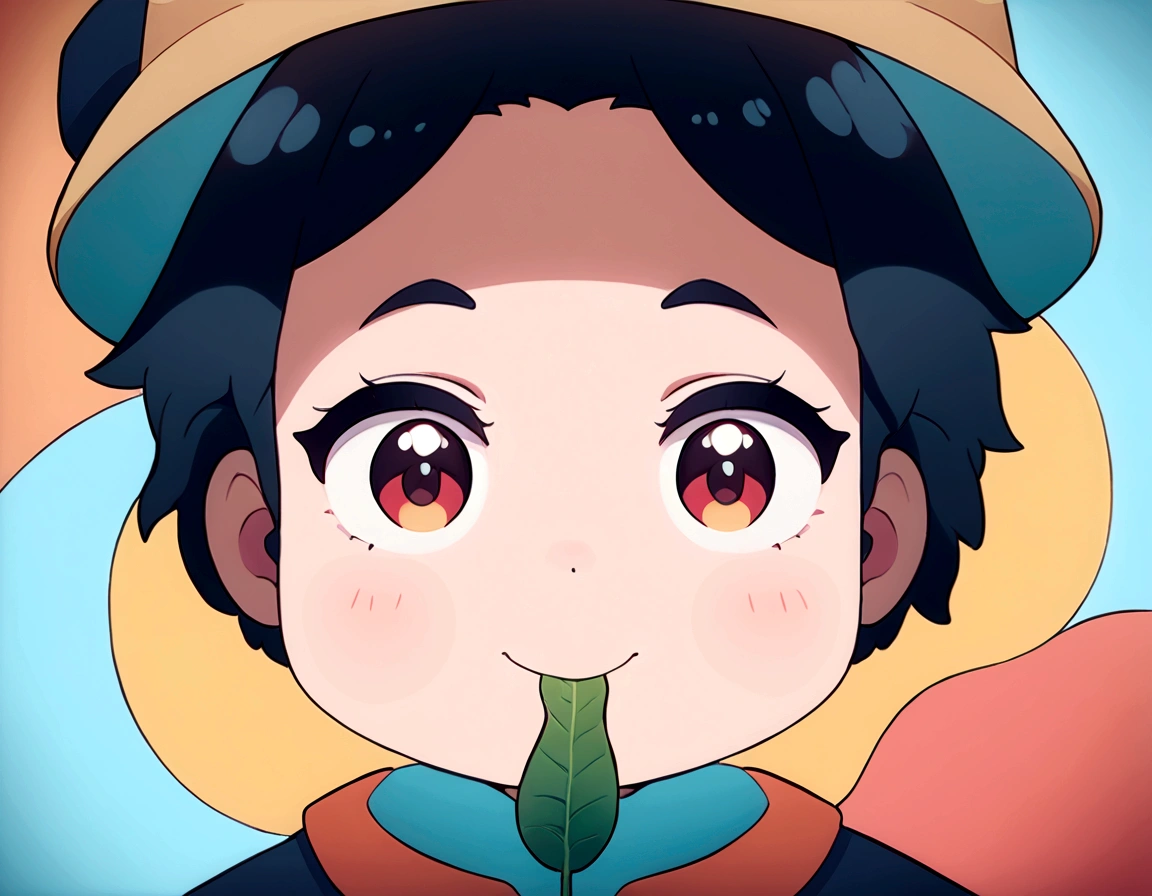 (work of art, best qualityer, very aesthetic, ultra detaild),cartoon boy with a hat and a leaf in his mouth, character retrato de me, shadowed!!!, stylized portrait, lofi portrait, cartoon art style