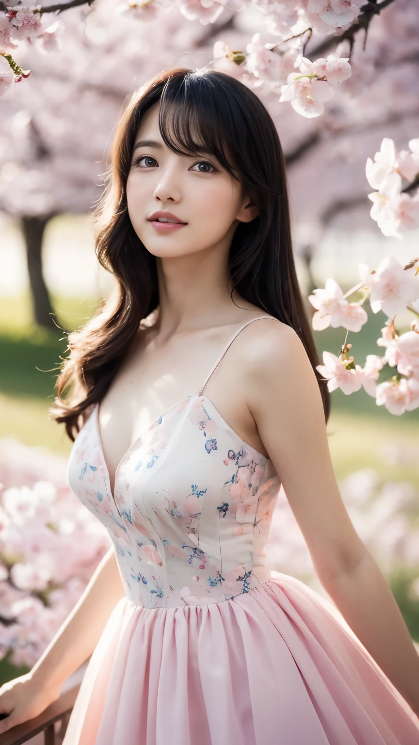 (logo、masterpiece、8K、Tabletop、RAW Photos、wonderful、最high quality、Photorealistic and very detailed CG synthesis 8k wallpaper、high quality、Very detailed、Narrative poem、Particle Effects、Dynamic Effects、Written boundary depth、Cinematic Light、Lens flare、Ray Tracing)、Fantasy、 (One beautiful woman、dress、dress、Cherry blossom pattern、Black-haired、Beautiful Face、True Face、Beautiful details、eye、Beautiful Skin)、My hair dances in the wind、Hair flutters in wind、Hair bounces、Pink cherry blossom tree、Petals fluttering、SakuraFubuki、wonderful view、sunrise、Sun in the background、wind