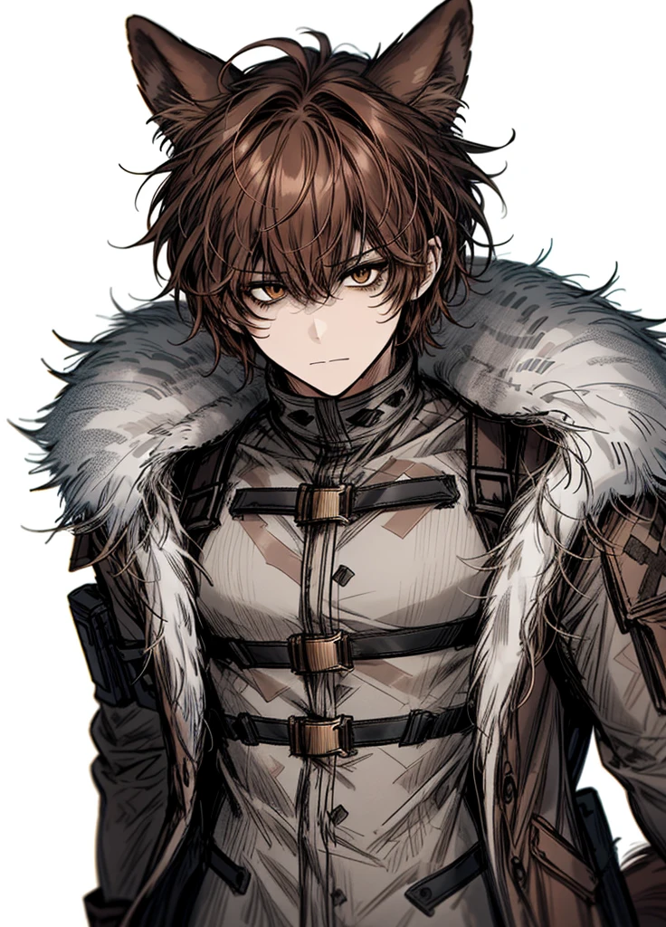 1boy , half-beast, fur-covered body, furry tail, weapon, (high resolution, high detail, best quality),alone,brown hair, playful