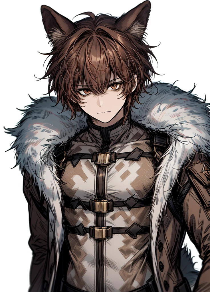 1boy , half-beast, fur-covered body, furry tail, weapon, (high resolution, high detail, best quality),alone,brown hair, playful