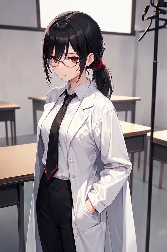 (masterpiece; best quality: 1.2), (finely detailed eyes: 1.3), ((25 year old woman)), ((solo)), (red eyes: 1.4), (body; gorgeous, luscious, femenine: 1.3), (silky black hair + low ponytail: 1.3), (beautiful and clear background: 1.2), ((depth of field)), (equipment: labcoat + shirt black + necktie white + pants white + square glasses black: 1.3), (anime illustration: 1.2), (background composition; japanese highschool classroom + furniture: 1.1), (extremely fine and beautiful: 1.1), (shot composition; standing + centered on torso + close-up: 1.5), (expression; calm, stoic: 1.2)