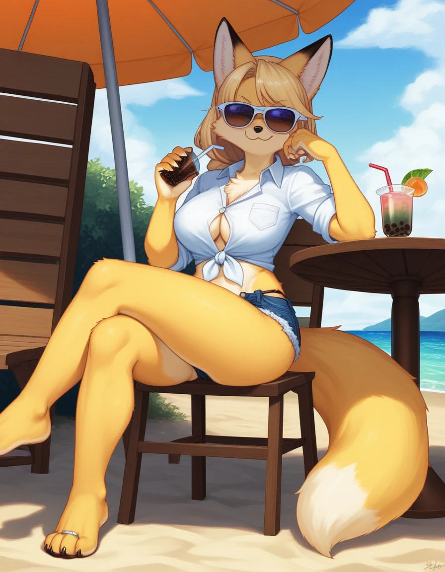 Solo, Score_9, score_8_up, score_7_up, source_cartoon, kemono style, An Anthro furry fox girl, yellow furry body, yellow fox tail , black nose, blonde hair, braided hair, wearing blue daisy dukes, a tied white shirt, visible thong, sunglasses, sunglasses covering eyes, smirking, outdoors, sunny day, looking away, majestic, at the beach, sitting on a chair under an umbrella, in front of a food stand, legs crossed, barefoot, toe ring, 4 toes, holding a cup of boba tea, drinking boba through a straw