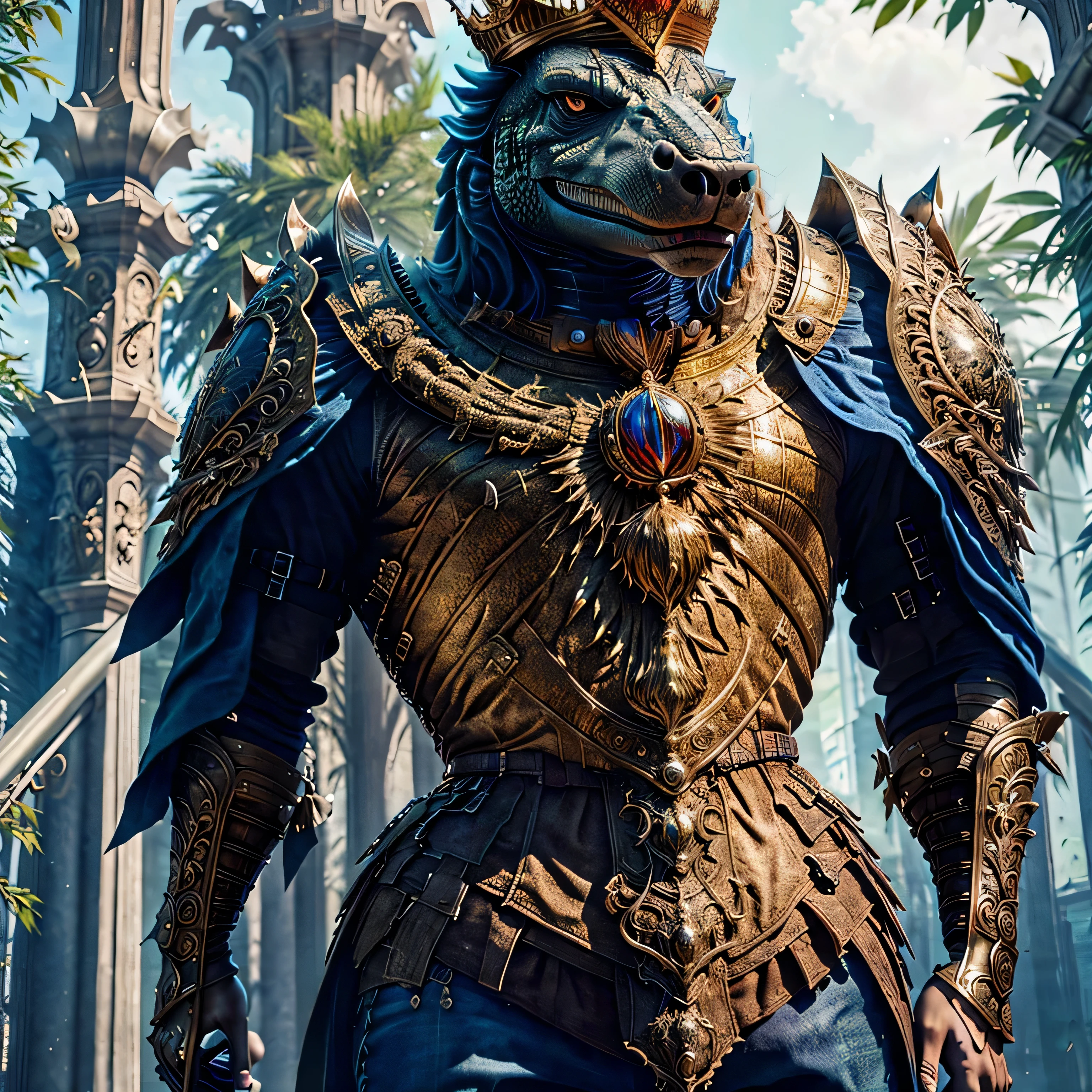 a crocodile wearing a crown, detailed (best quality,4k,8k,highres,masterpiece:1.2),ultra-detailed,(realistic,photorealistic,photo-realistic:1.37),extremely detailed scales,scales with intricate patterns,piercing reptilian eyes,sharp detailed teeth,regal and majestic expression,dramatic lighting,rich color palette,cinematic composition