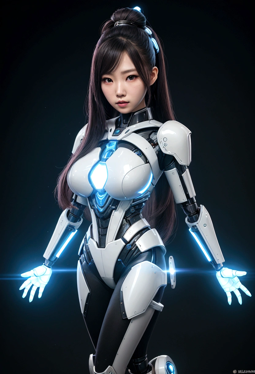 asian woman, standing, stop FRONT VIEW, tez blanca, korean, tits, futuristic clothing, modern outfit provided, NO DEFORMATIONS, beautiful, robot, cyborg, android, light, laser, League of Legends, splah art, sexy, the payment, chrome, Metal, FNAF, Animatronic, White y negro, shadows, contrast, linda, beauty, goddess, kpop, Twice, Blackpink, warframe, robots, EVERGLOW, Aespa, idol, star wars, steel, iron, Metal, the payment, Dark, lingerie, Dorado, gold, lights, trails, cables, wires, doll, doll, doll, haydee. neutral background, armor, haydee, hair without bangs, hair on the sides, long straight hair, hair without bangs, hair on the sides, White, White, oppai, big tits, big tits, throw, general, DIRECTOR, big breast. lights, LIGHT BLUE lights, celestial lights, bioluminiscencia, light blue details. illuminated face, light de frente
