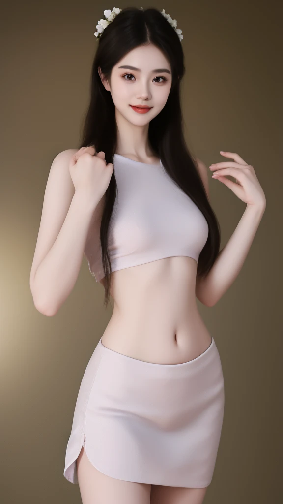 dress,navel, ((cowboy shot)), Redlip, A mature woman, cosmetics, フォトリアリスティック、real photograph、((realistically:1.5))、There are white phalaenopsis around the hair,Lilac dendrobium、white lilies、1 rapariga、Brown hair、floated hair、A plump chest, slim toned body, Charming legs, Hefty Smile, Strike elegant poses, Have extremely beautiful facial features、Hairpin on the head、perfect hand、(natta、themoon、precipice)、 vectorial art、Chinese contemporary art、gentlesoftlighting、looking-down