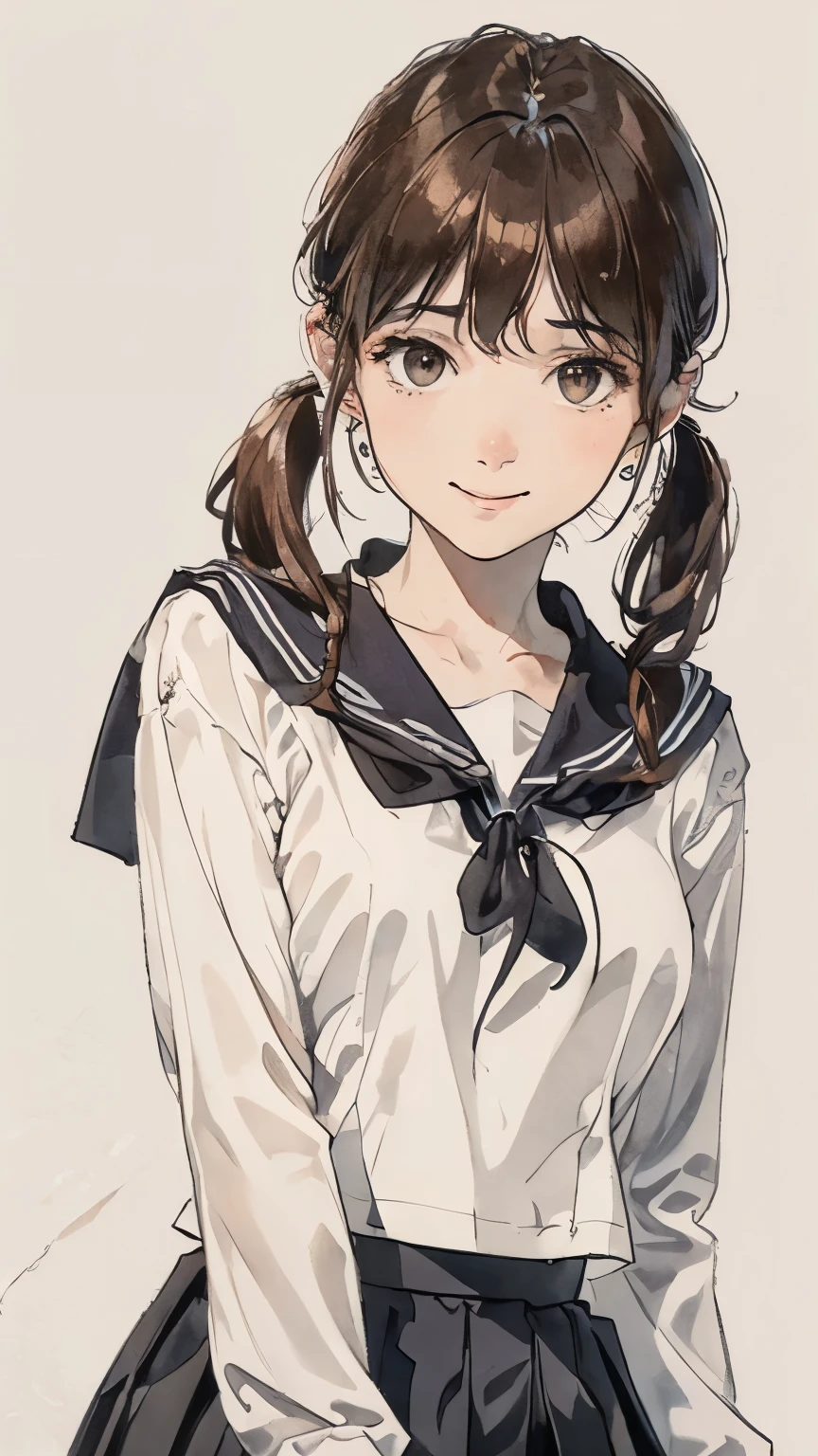 (Highest quality、8K、32k、masterpiece)、(Realistic)、(Realistic:1.2)、(High resolution)、Very detailed、Very beautiful face and eyes、1 Girl、Round and small face、Tight waist、Delicate body、(Highest quality、Attention to detail、Rich skin detail)、(Realistic、Realistic:1.37)、Bright colors、(((Brown Hair)))、(((Upper Body Shot)))、(((Medium Hair)))、(((Twin tails)))、(((Fair skin)))、(((White wall background)))、(((White wall background)))、(((Embarrassed expression)))、(((Happy face)))、(((touching my head)))、(((Wear a sailor uniform)))、(((Black pleated skirt)))