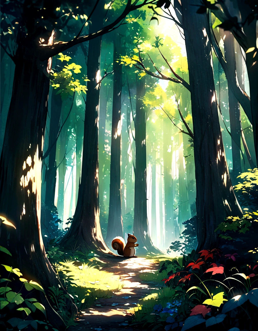 tall forest, colorful trees, Sunlight shines on the leaves and there is a squirrel in the middle of the forest