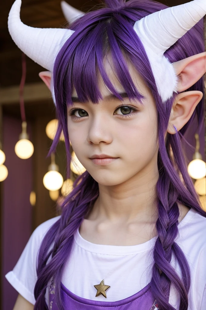 A twink boy with purple hair, white skin, elf ears, purple horns with stars, t-shirt, Asian clothes