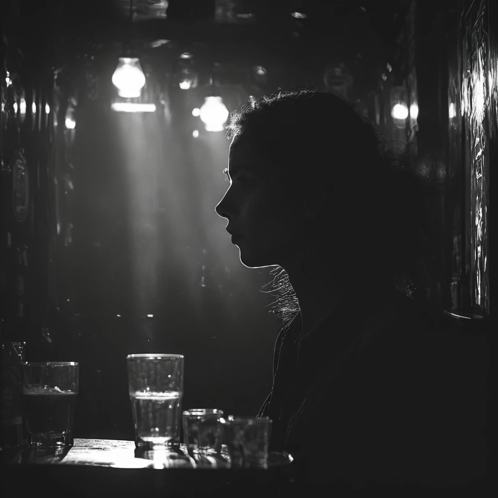 cinematic photo dark photo of woman in a pub   35mm cinematic , film, bokeh,  professional, 4k, highly detailed, 35mm photograph, film, bokeh,  professional, 4k, highly detailed