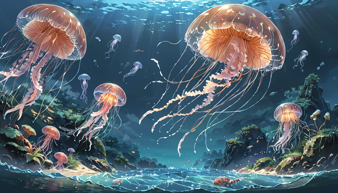 ((Anime: 1.4, Illustration)), (Masterpiece, Top Quality, Best Quality), (Ultra-Detailed, Absolutely Resolution), ((16k, HIGH RES)) (Seafloor, Jellyfish, Floating Jellyfish), ( Anime: 1.4, Illustration)), (Masterpiece, Top Quality, Best Quality), (Ultra-Detailed, Absolutely Resolution). Ak {Lofi Art, Style of Laurie Greasley, Style of Makoto Shinkai, Anime Aesthetic}, BREAK {(Produces IMAGES WITH ITH INFORMATION THAN 40 Million Pixels with Cinematic-Like Detailed Textures S Hot on a Sony slur).}