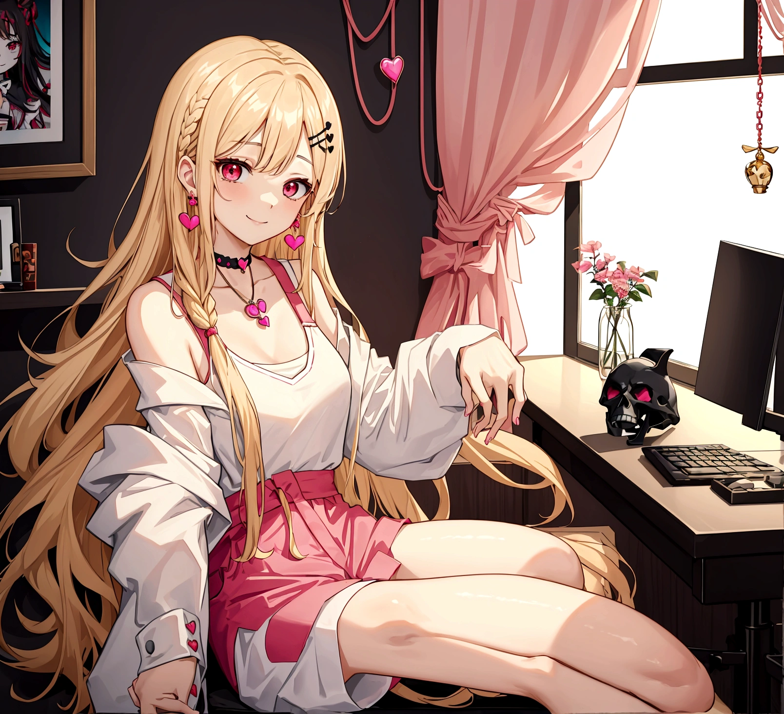 ((최고의 품질)), ((걸작)), (상세한), 여자 1명, Create an anime-style digital artwork of a character with long, straight blonde hair and bright red eyes. The character is wearing a white cardigan over a black tank top and dolphin shorts. She is accessorized with a pink heart pendant choker and long, decorative earrings. Her hair features a red heart and skull hairpin on the side. The character is sitting in her room in front of a desktop computer, smiling warmly. The background should show a cozy room with soft lighting, with elements like a computer desk, monitor, and some personal items scattered around. The overall mood should be relaxed and inviting, capturing the essence of a casual day indoors.