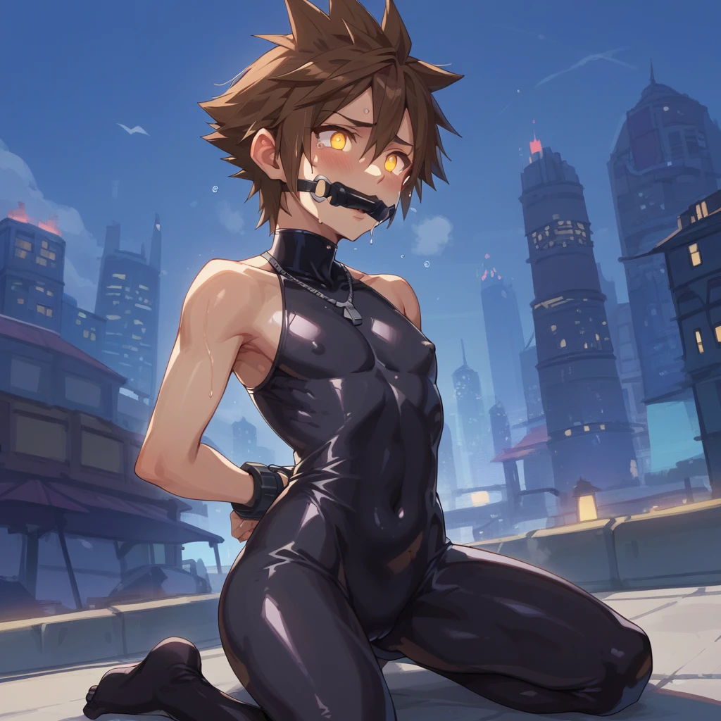 Kingdom hearts、((sky))、Arms behind back、Yellow glowing eyes、sweating、Black drip、（A young boy is restrained and has a large erection、Kneeling with the crotch open、Mouth gag、first round）、naked、Brown Hair、cute、Spiky hair、Are crying、Looks disgusting、（（A tight-fitting rubber suit、））Night cityscape、Middle of the road、sexy、from the front