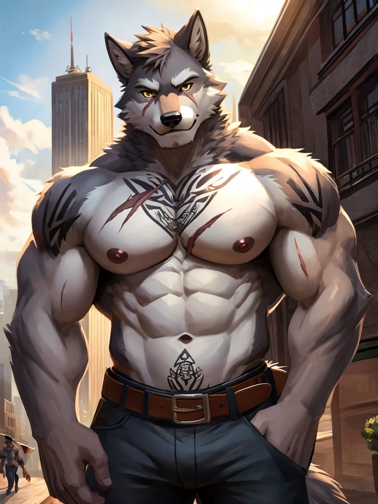 1boy, abs, animal ears, bara, belt, black pants, building, chest tattoo, city, cowboy shot, furry, furry male, grey fur, large pectorals, looking at viewer, male focus, muscular, muscular male, navel, nipples, outdoors, pants, pectorals, scar, solo, stomach, topless male, white fur, wolf boy, wolf ears, yellow eyes